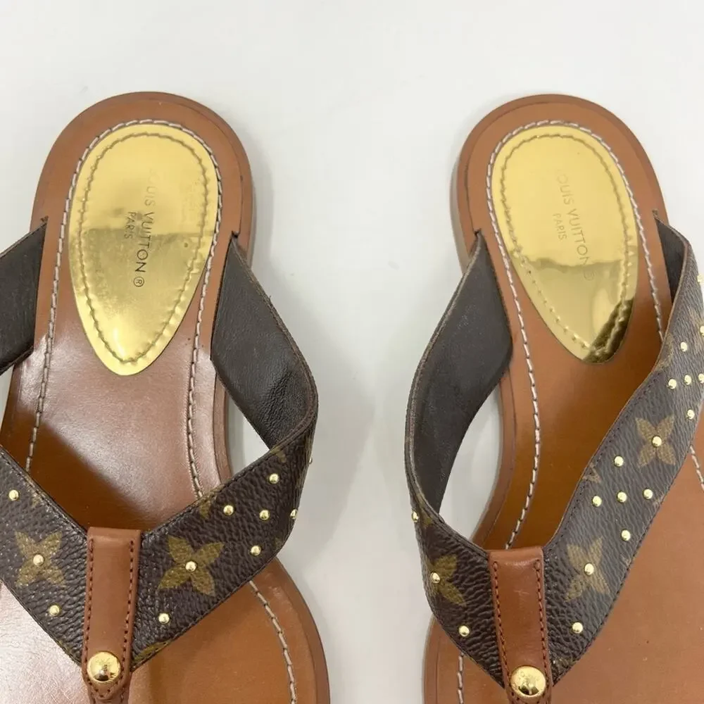 Louis Vuitton Monogram Sunny Thong Sandal Flat Brown Leather size 37 EU